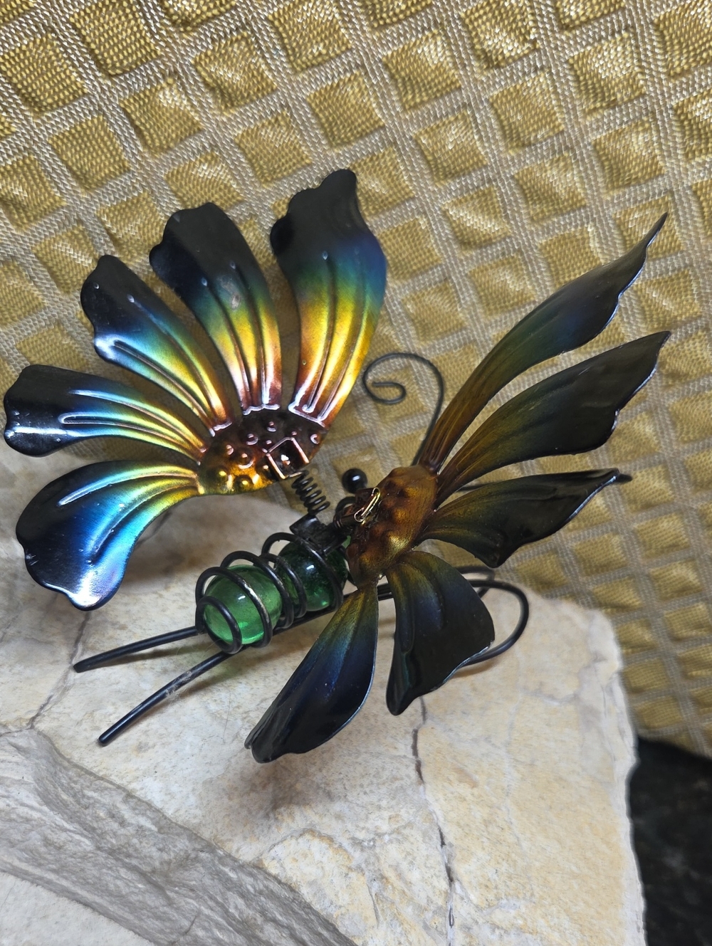 Iridescent Blue-Green Metal Butterfly Art Planter Suncatcher Window Decor